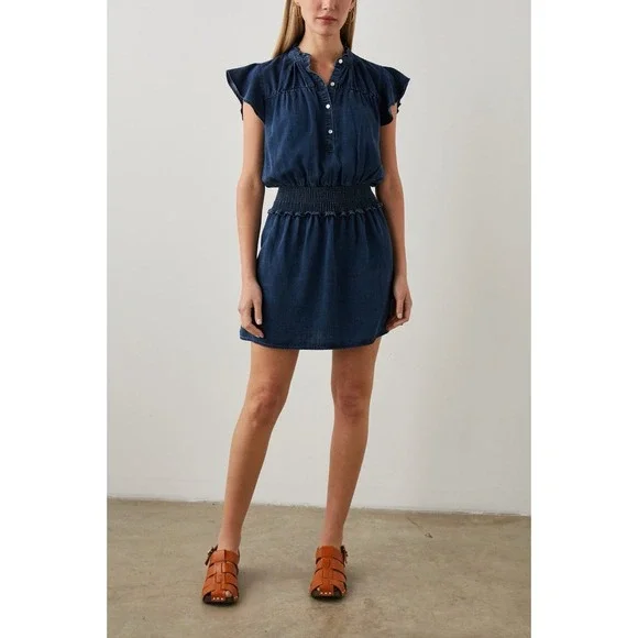 Rails Amina Denim Mini Dress Tencel Dark Wash Smocked Waist L NWOT. Retail $210 - Picture 4 of 11
